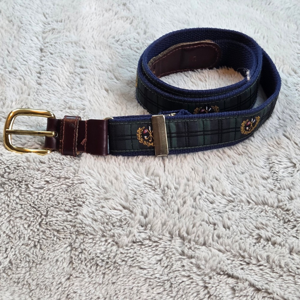 Vintage FootJoy Belt Mens L Tartan Plaid Embroidered Golf Crest Leather Ends